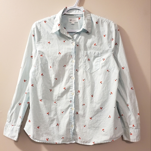 Gap - 🍒 Cherry Print and Striped Boyfriend Shirt - Size M - Picture 2 of 8